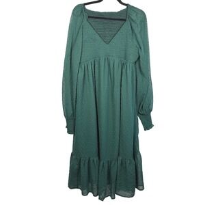 Women's Cottagecore Swiss Dot Long Sleeve Midi Dress Smocked Bodice